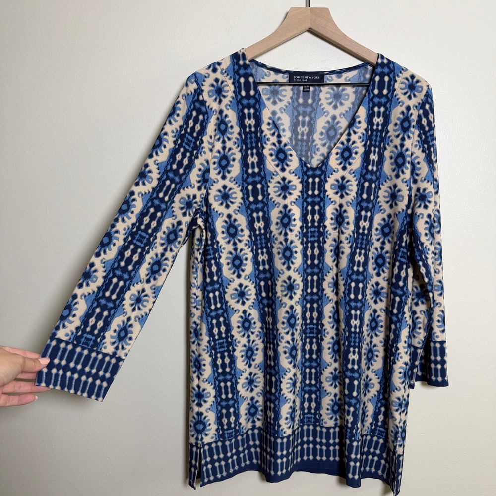 Jones New York Signature Blue Ikat V-Neck Tunic Top XL 3/4 Sleeve Stretch Jersey